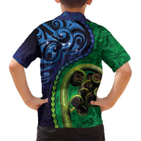 New Zealand Matariki Fern Frond Koru Hawaiian Shirt with Galaxy Blue Sky and Green Paua Shell Art