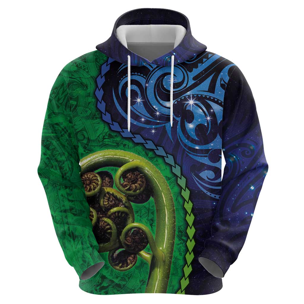 New Zealand Matariki Fern Frond Koru Hoodie with Galaxy Blue Sky and Green Paua Shell Art