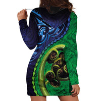 New Zealand Matariki Fern Frond Koru Hoodie Dress with Galaxy Blue Sky and Green Paua Shell Art