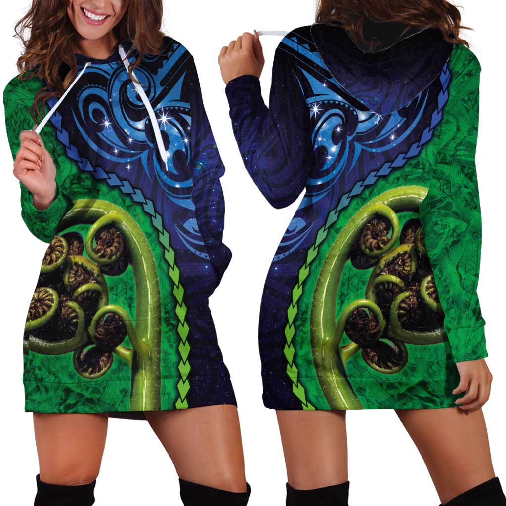 New Zealand Matariki Fern Frond Koru Hoodie Dress with Galaxy Blue Sky and Green Paua Shell Art