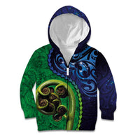 New Zealand Matariki Fern Frond Koru Kid Hoodie with Galaxy Blue Sky and Green Paua Shell Art