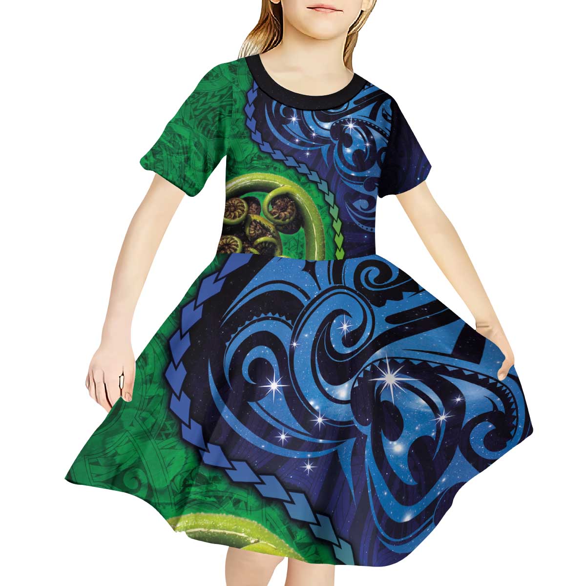 New Zealand Matariki Fern Frond Koru Kid Short Sleeve Dress with Galaxy Blue Sky and Green Paua Shell Art