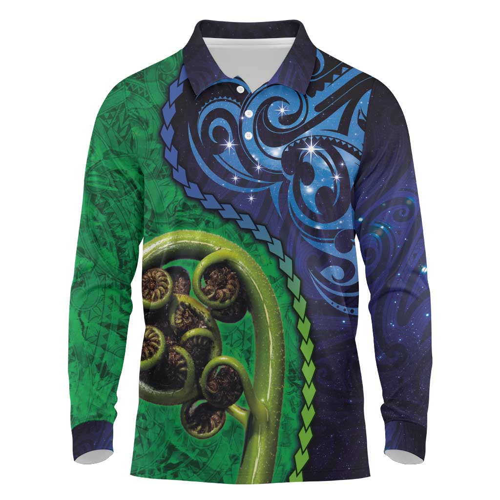 New Zealand Matariki Fern Frond Koru Long Sleeve Polo Shirt with Galaxy Blue Sky and Green Paua Shell Art