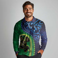 New Zealand Matariki Fern Frond Koru Long Sleeve Polo Shirt with Galaxy Blue Sky and Green Paua Shell Art