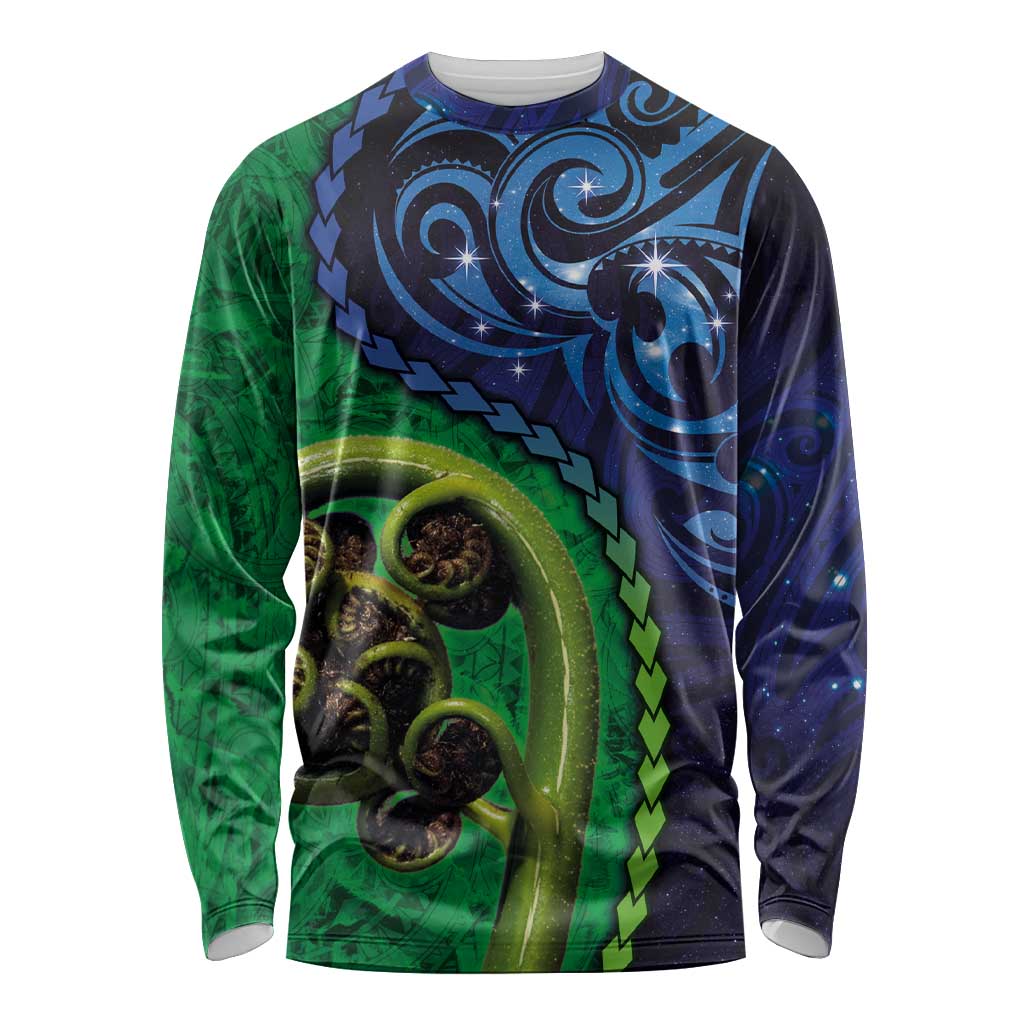New Zealand Matariki Fern Frond Koru Long Sleeve Shirt with Galaxy Blue Sky and Green Paua Shell Art