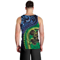 New Zealand Matariki Fern Frond Koru Men Tank Top with Galaxy Blue Sky and Green Paua Shell Art