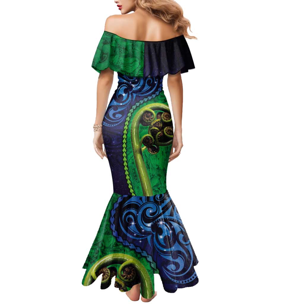 New Zealand Matariki Fern Frond Koru Mermaid Dress with Galaxy Blue Sky and Green Paua Shell Art