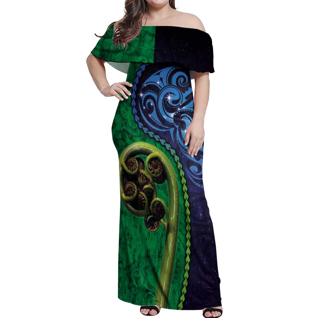 New Zealand Matariki Fern Frond Koru Off Shoulder Maxi Dress with Galaxy Blue Sky and Green Paua Shell Art