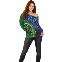 New Zealand Matariki Fern Frond Koru Off Shoulder Sweater with Galaxy Blue Sky and Green Paua Shell Art