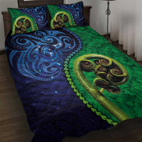 New Zealand Matariki Fern Frond Koru Quilt Bed Set with Galaxy Blue Sky and Green Paua Shell Art