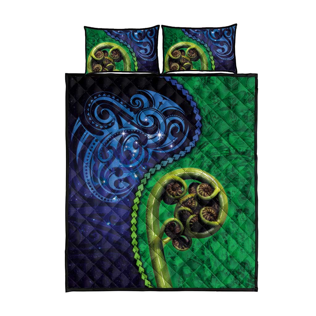 New Zealand Matariki Fern Frond Koru Quilt Bed Set with Galaxy Blue Sky and Green Paua Shell Art
