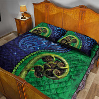 New Zealand Matariki Fern Frond Koru Quilt Bed Set with Galaxy Blue Sky and Green Paua Shell Art