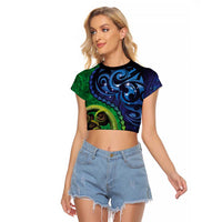New Zealand Matariki Fern Frond Koru Raglan Cropped T Shirt with Galaxy Blue Sky and Green Paua Shell Art