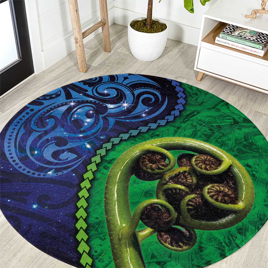 New Zealand Matariki Fern Frond Koru Round Carpet with Galaxy Blue Sky and Green Paua Shell Art
