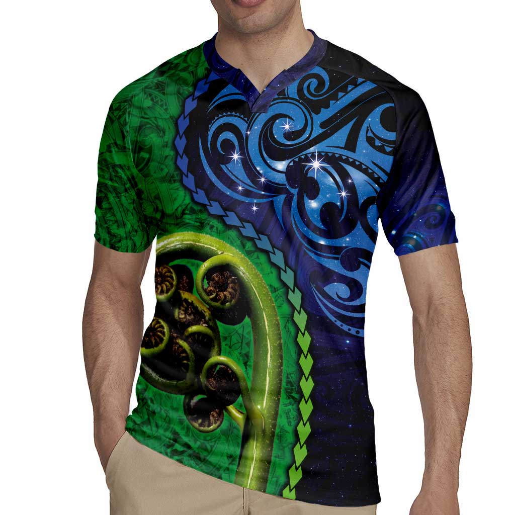 New Zealand Matariki Fern Frond Koru Rugby Jersey with Galaxy Blue Sky and Green Paua Shell Art