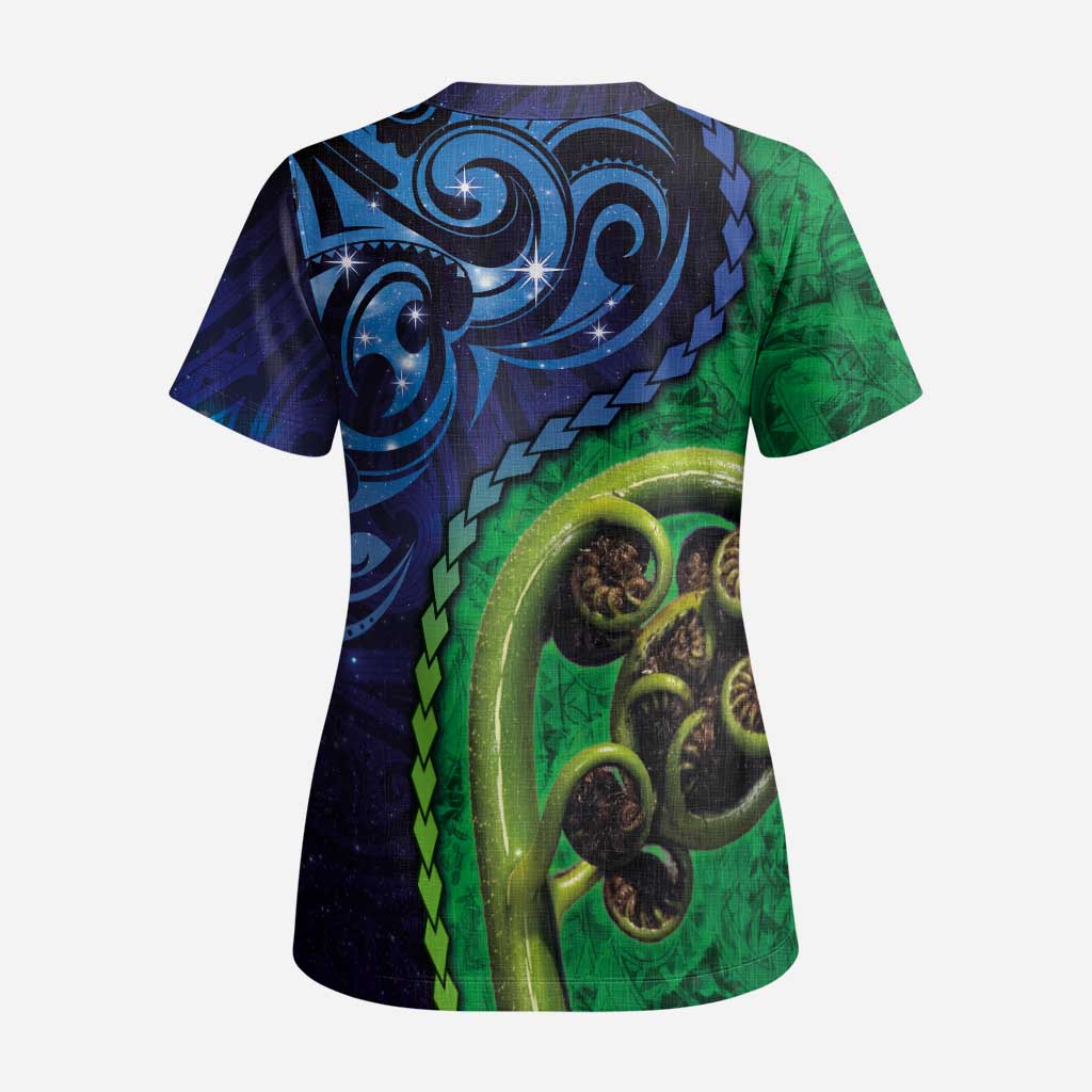 New Zealand Matariki Fern Frond Koru Scrub Top with Galaxy Blue Sky and Green Paua Shell Art - Polynesian Pride