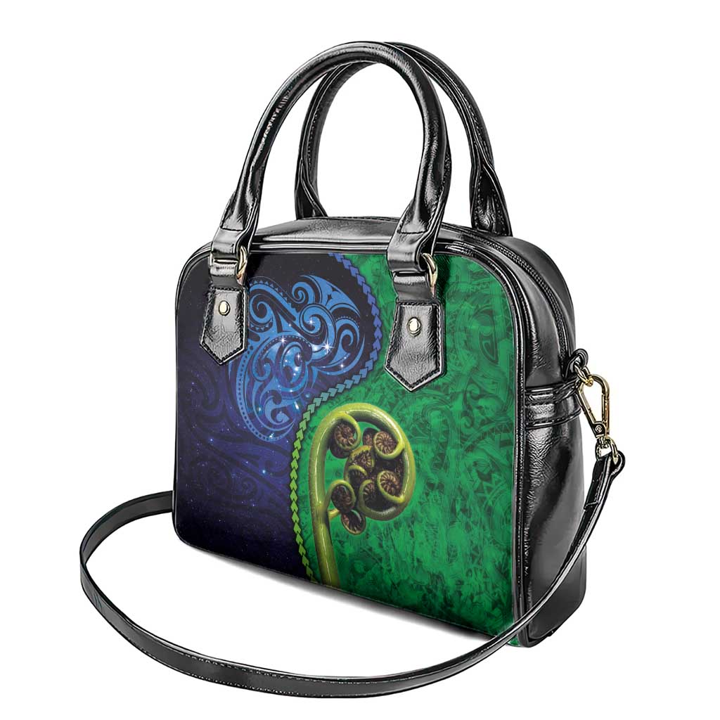 New Zealand Matariki Fern Frond Koru Shoulder Handbag with Galaxy Blue Sky and Green Paua Shell Art