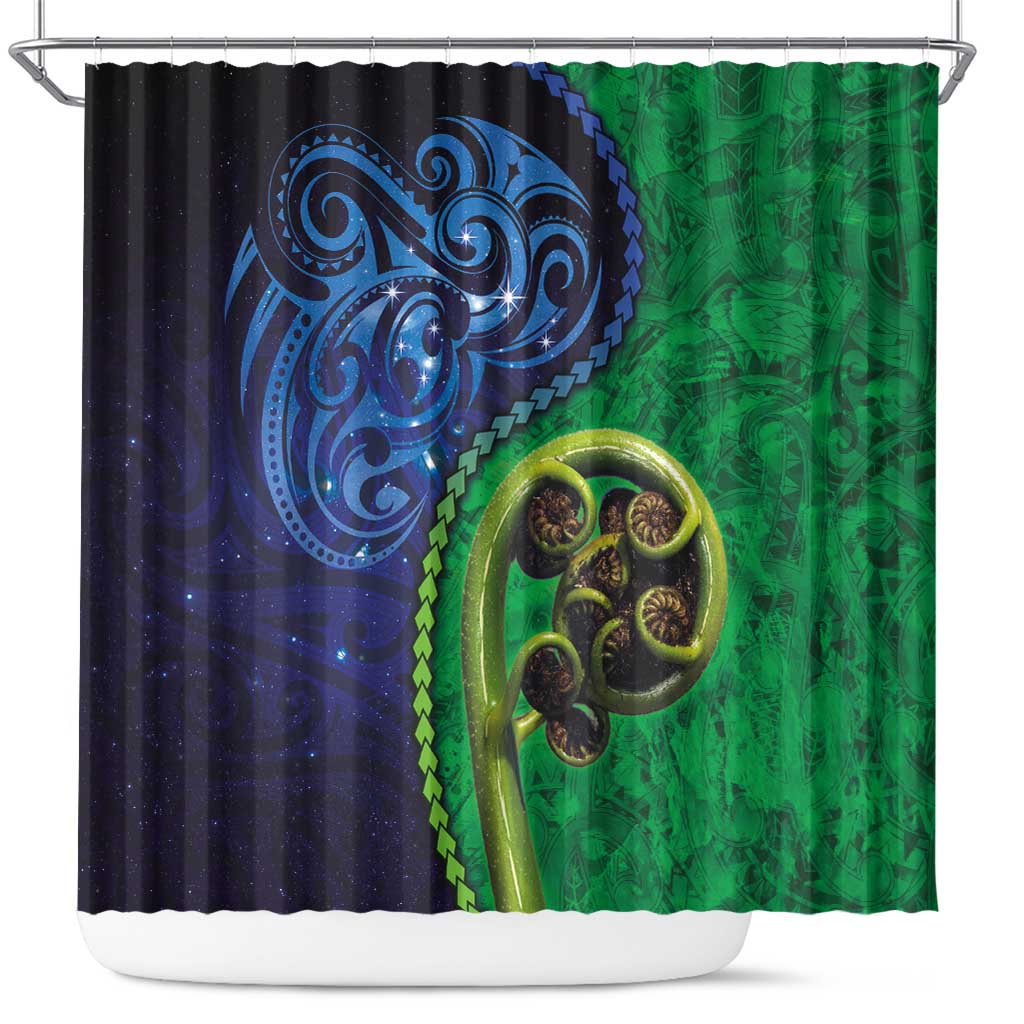 New Zealand Matariki Fern Frond Koru Shower Curtain with Galaxy Blue Sky and Green Paua Shell Art