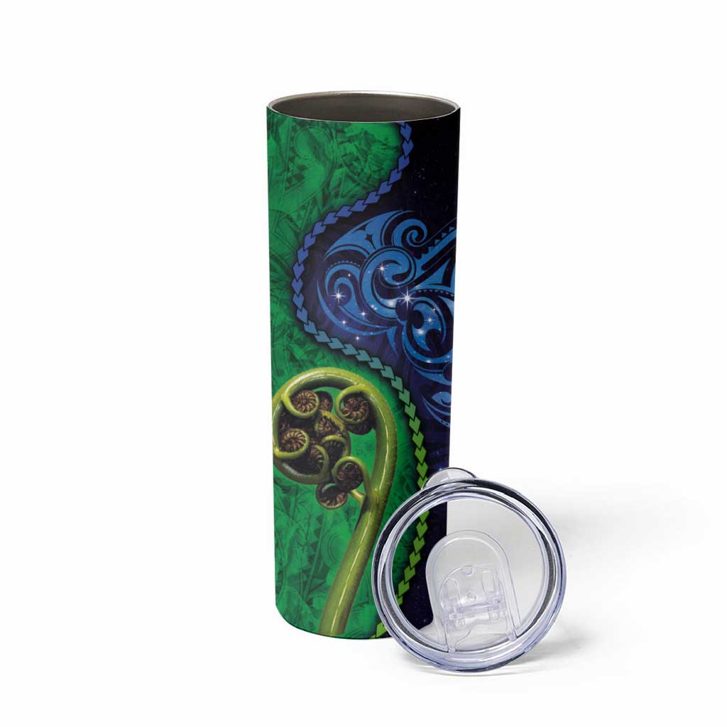 New Zealand Matariki Fern Frond Koru Skinny Tumbler with Galaxy Blue Sky and Green Paua Shell Art