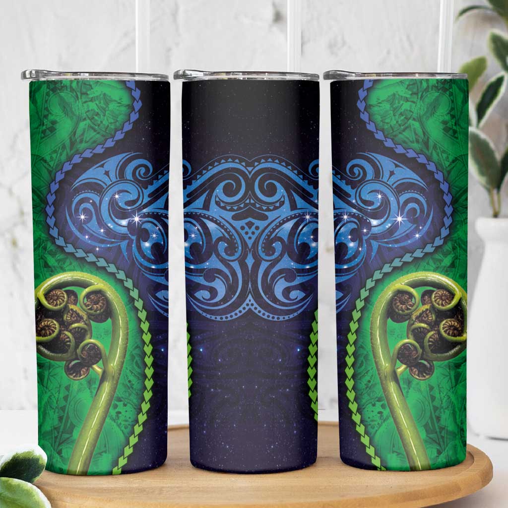 New Zealand Matariki Fern Frond Koru Skinny Tumbler with Galaxy Blue Sky and Green Paua Shell Art
