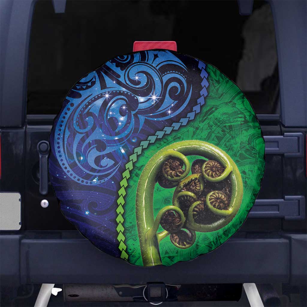 New Zealand Matariki Fern Frond Koru Spare Tire Cover with Galaxy Blue Sky and Green Paua Shell Art