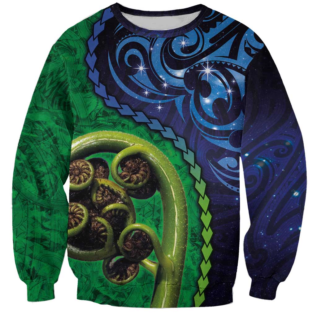 New Zealand Matariki Fern Frond Koru Sweatshirt with Galaxy Blue Sky and Green Paua Shell Art
