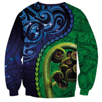 New Zealand Matariki Fern Frond Koru Sweatshirt with Galaxy Blue Sky and Green Paua Shell Art