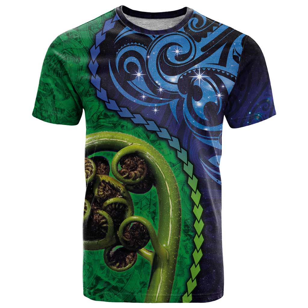 New Zealand Matariki Fern Frond Koru T Shirt with Galaxy Blue Sky and Green Paua Shell Art