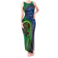 New Zealand Matariki Fern Frond Koru Tank Maxi Dress with Galaxy Blue Sky and Green Paua Shell Art