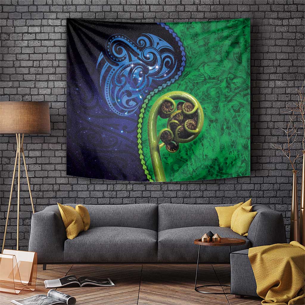 New Zealand Matariki Fern Frond Koru Tapestry with Galaxy Blue Sky and Green Paua Shell Art