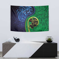 New Zealand Matariki Fern Frond Koru Tapestry with Galaxy Blue Sky and Green Paua Shell Art
