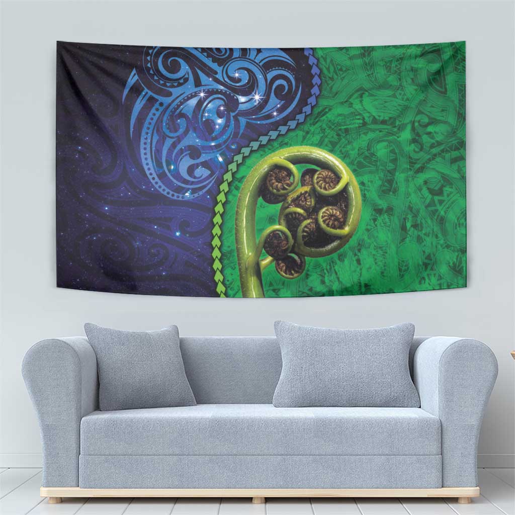 New Zealand Matariki Fern Frond Koru Tapestry with Galaxy Blue Sky and Green Paua Shell Art