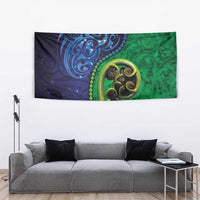 New Zealand Matariki Fern Frond Koru Tapestry with Galaxy Blue Sky and Green Paua Shell Art
