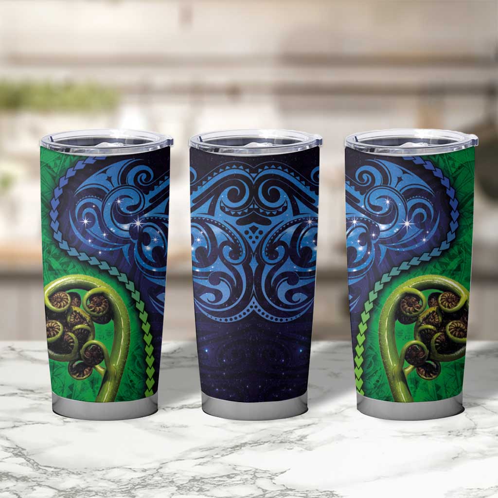 New Zealand Matariki Fern Frond Koru Tumbler Cup with Galaxy Blue Sky and Green Paua Shell Art