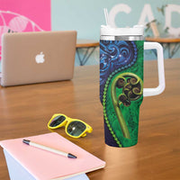 New Zealand Matariki Fern Frond Koru Tumbler With Handle with Galaxy Blue Sky and Green Paua Shell Art