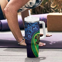 New Zealand Matariki Fern Frond Koru Tumbler With Handle with Galaxy Blue Sky and Green Paua Shell Art