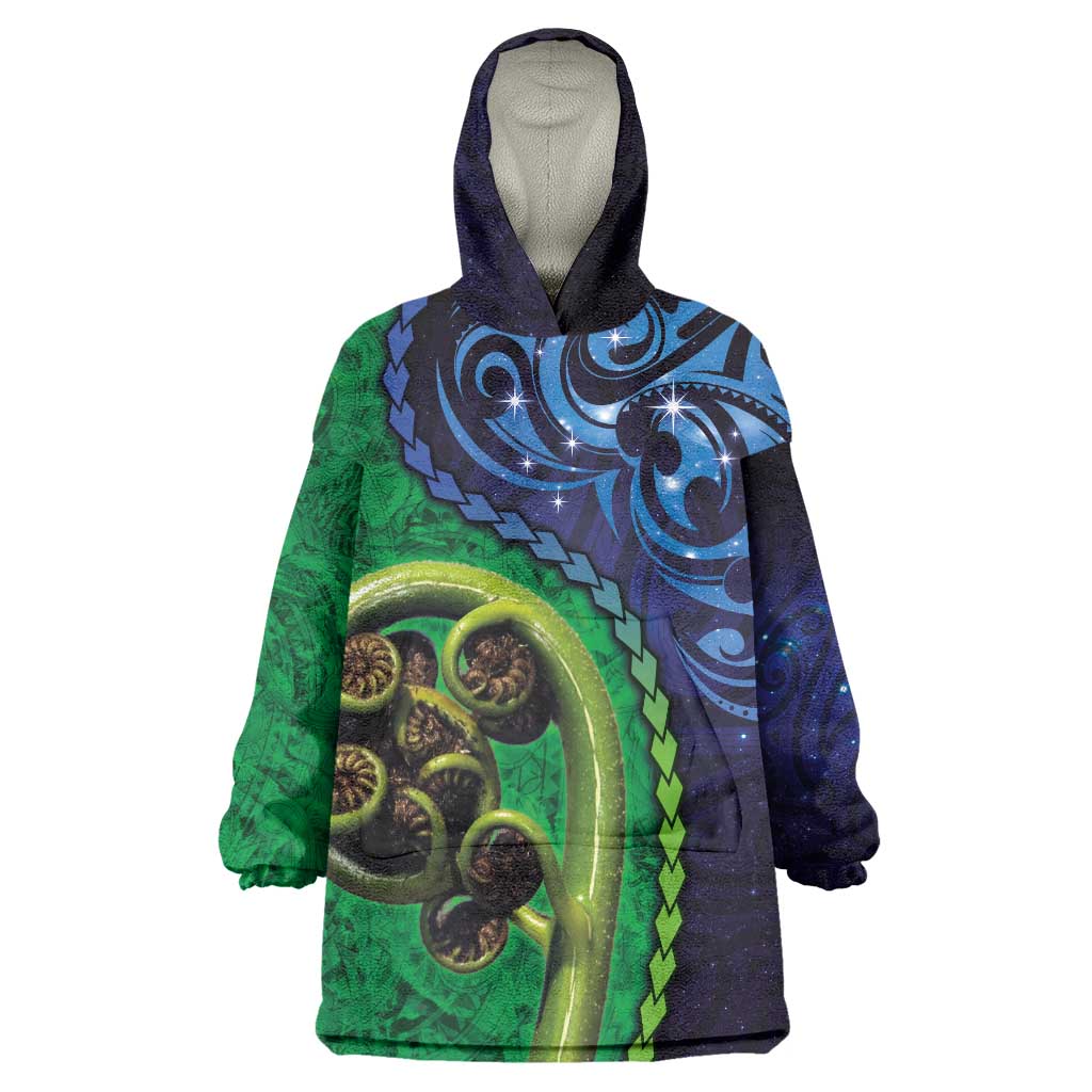 New Zealand Matariki Fern Frond Koru Wearable Blanket Hoodie with Galaxy Blue Sky and Green Paua Shell Art