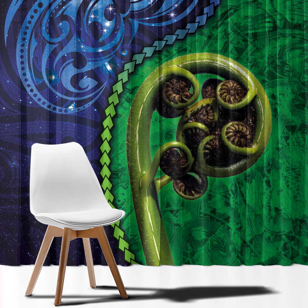 New Zealand Matariki Fern Frond Koru Window Curtain with Galaxy Blue Sky and Green Paua Shell Art