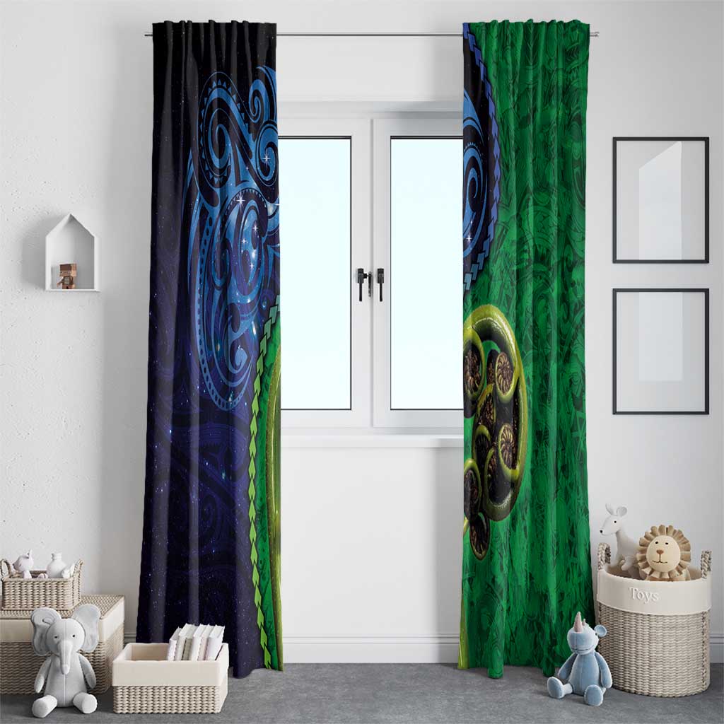 New Zealand Matariki Fern Frond Koru Window Curtain with Galaxy Blue Sky and Green Paua Shell Art
