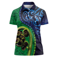 New Zealand Matariki Fern Frond Koru Women Polo Shirt with Galaxy Blue Sky and Green Paua Shell Art