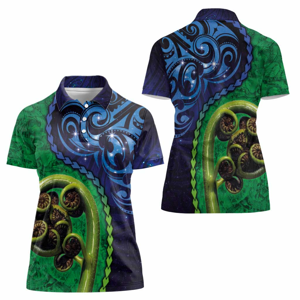 New Zealand Matariki Fern Frond Koru Women Polo Shirt with Galaxy Blue Sky and Green Paua Shell Art