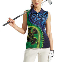 New Zealand Matariki Fern Frond Koru Women Sleeveless Polo Shirt with Galaxy Blue Sky and Green Paua Shell Art