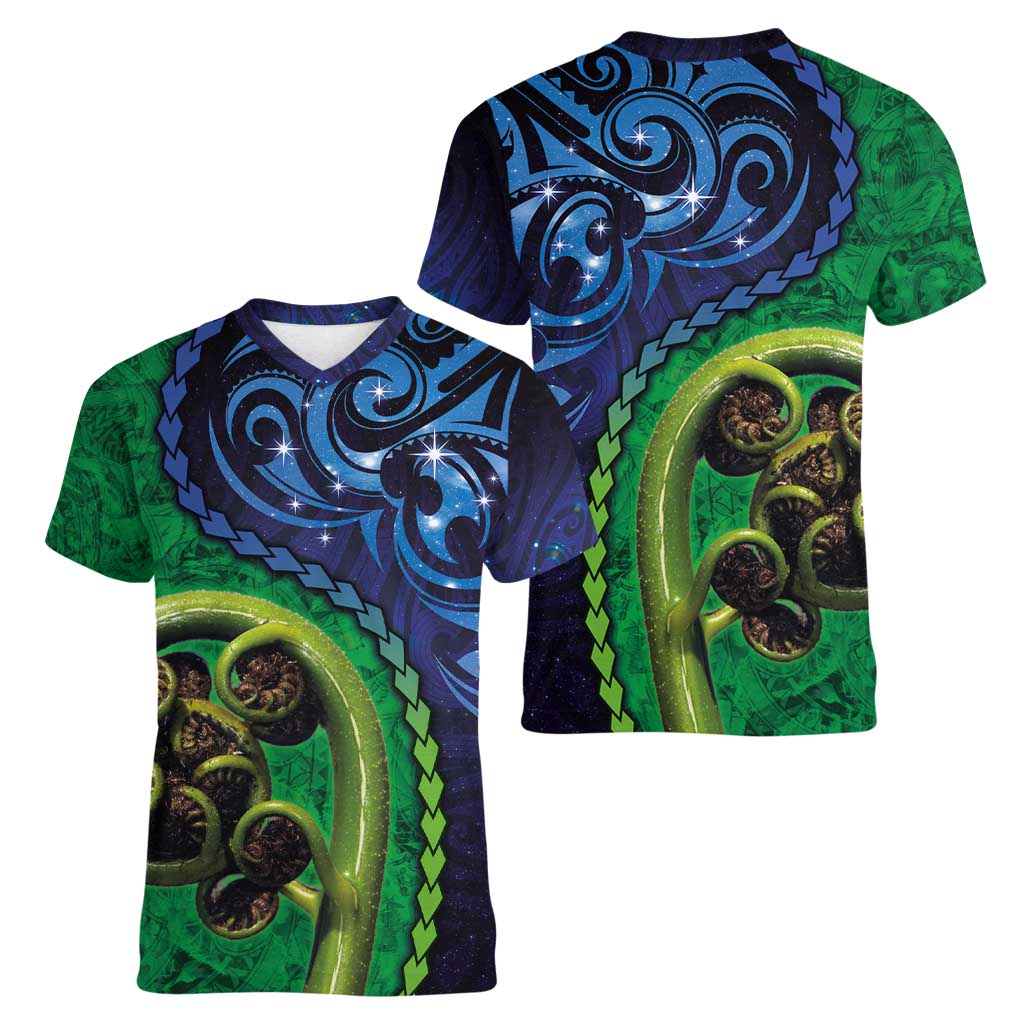 New Zealand Matariki Fern Frond Koru Women V-Neck T-Shirt with Galaxy Blue Sky and Green Paua Shell Art