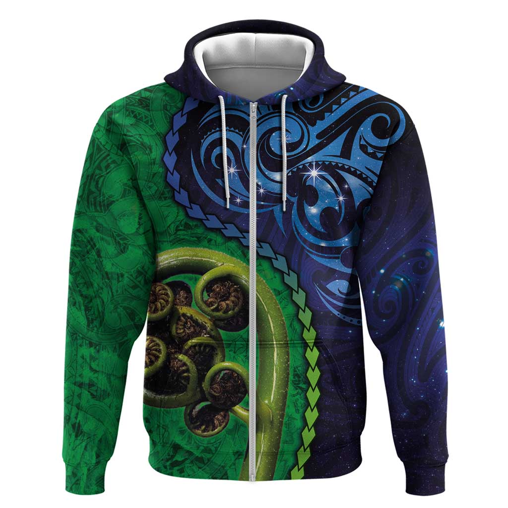 New Zealand Matariki Fern Frond Koru Zip Hoodie with Galaxy Blue Sky and Green Paua Shell Art