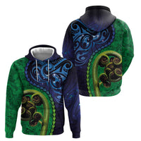 New Zealand Matariki Fern Frond Koru Zip Hoodie with Galaxy Blue Sky and Green Paua Shell Art