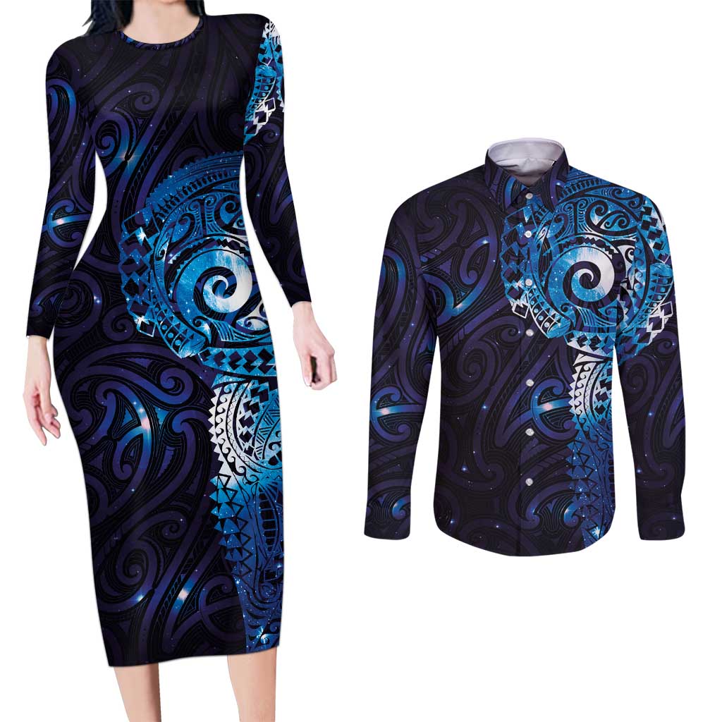 Matariki New Zealand Maori Koru Art Tattoo Couples Matching Long Sleeve Bodycon Dress and Long Sleeve Button Shirt New Year Galaxy Blue Sky Style