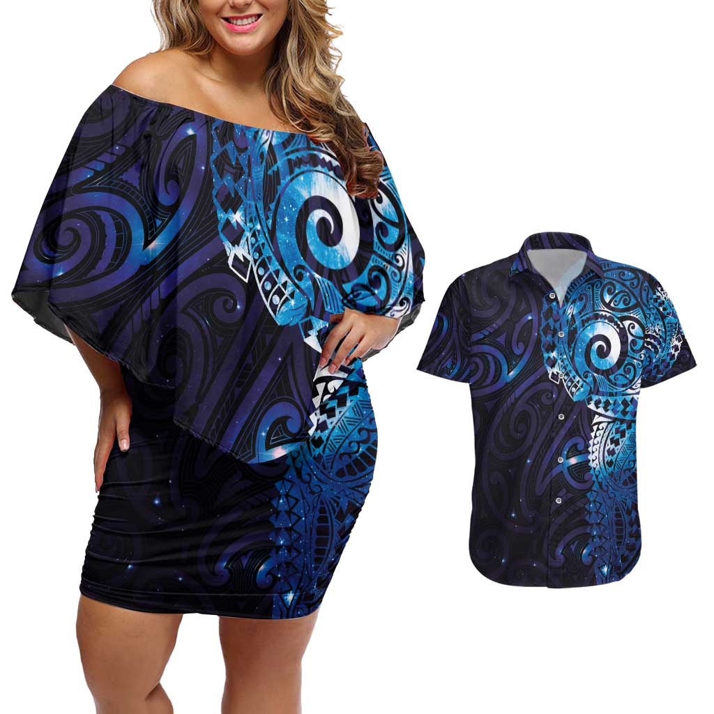Matariki New Zealand Maori Koru Art Tattoo Couples Matching Off Shoulder Short Dress and Hawaiian Shirt New Year Galaxy Blue Sky Style