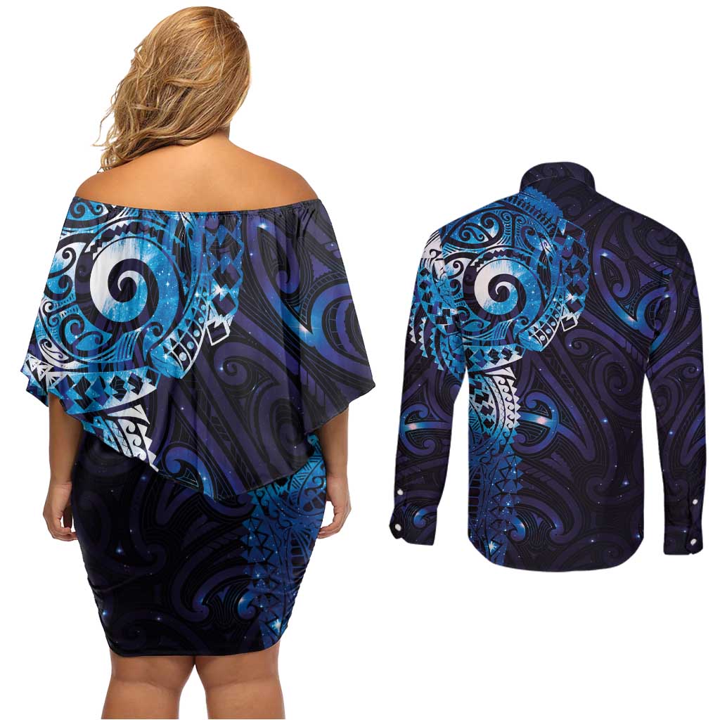 Matariki New Zealand Maori Koru Art Tattoo Couples Matching Off Shoulder Short Dress and Long Sleeve Button Shirt New Year Galaxy Blue Sky Style