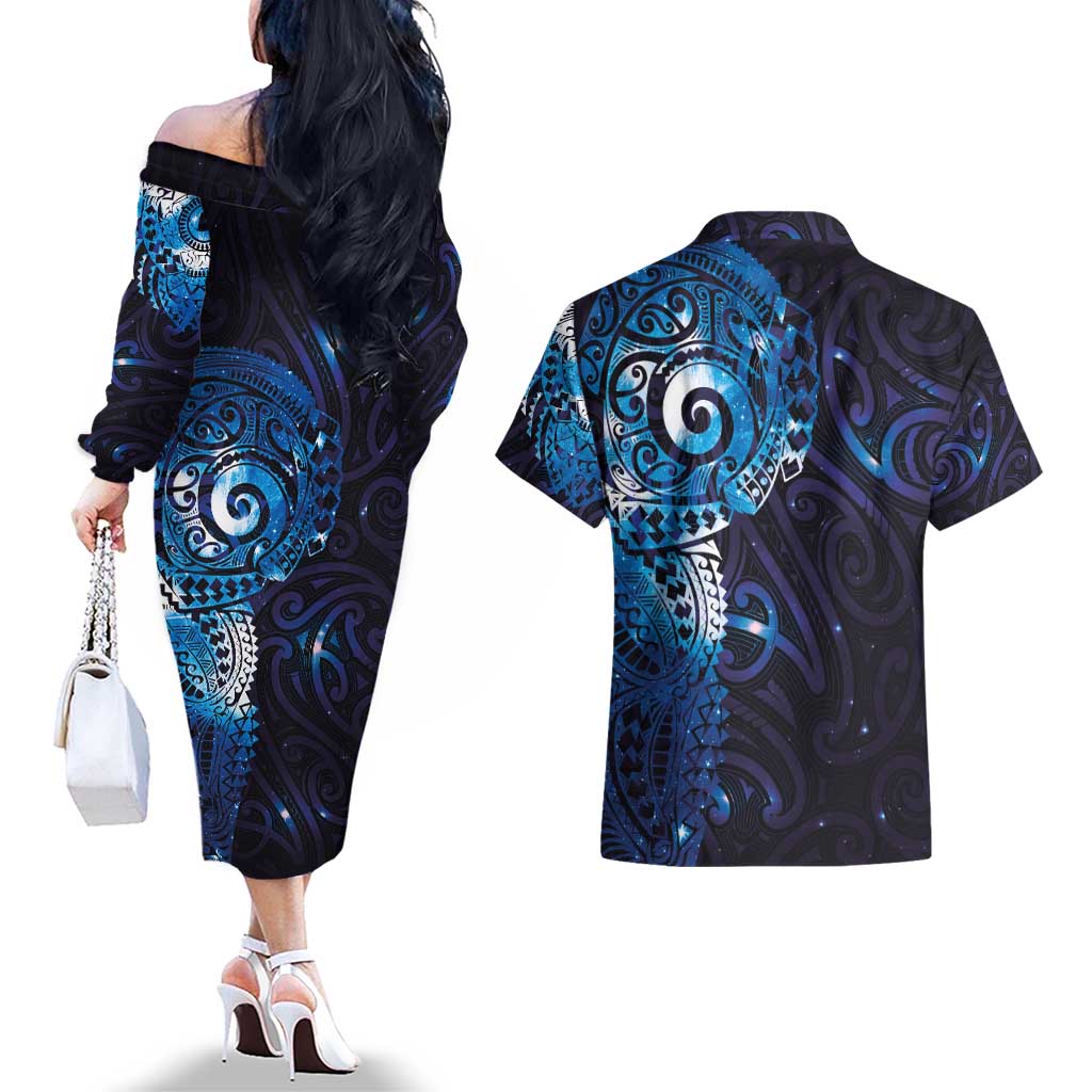 Matariki New Zealand Maori Koru Art Tattoo Couples Matching Off The Shoulder Long Sleeve Dress and Hawaiian Shirt New Year Galaxy Blue Sky Style