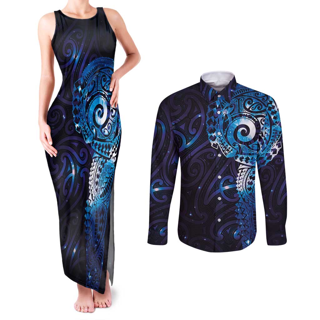 Matariki New Zealand Maori Koru Art Tattoo Couples Matching Tank Maxi Dress and Long Sleeve Button Shirt New Year Galaxy Blue Sky Style